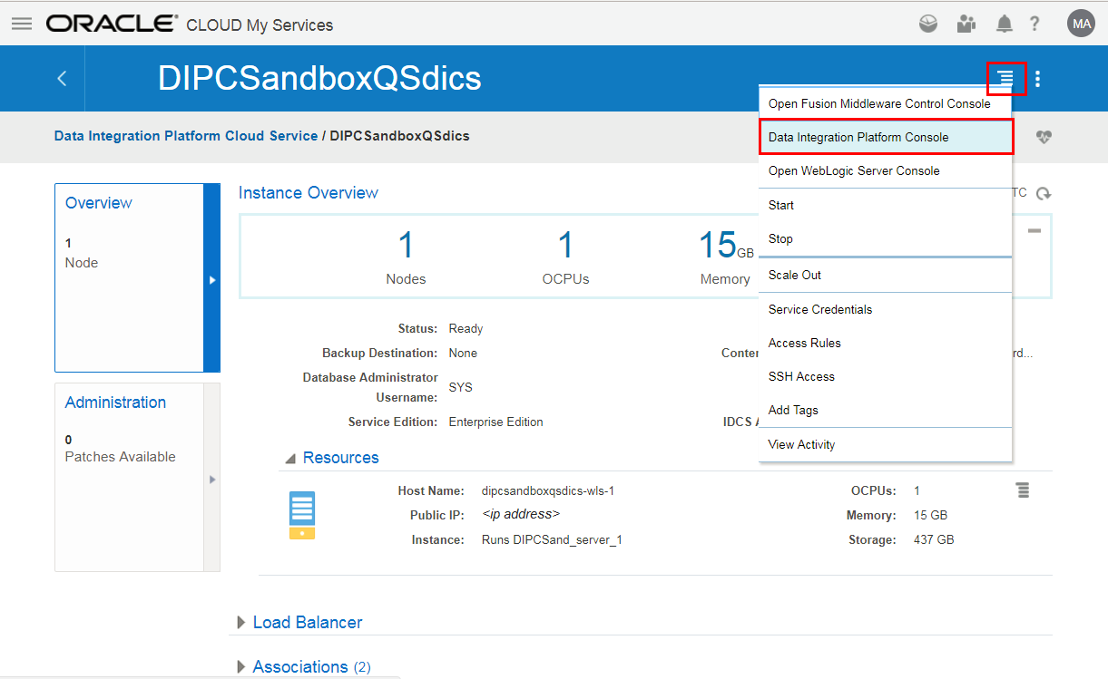 Data Integration Platform Console menu option avaiable in Manage this instnace menu, in DIPCSandboxQSdics Instance Overview page