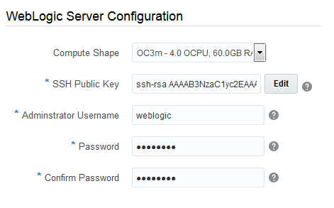 WebLogic Configuration fields of Data Integration Platform Cloud Create Service Wizard