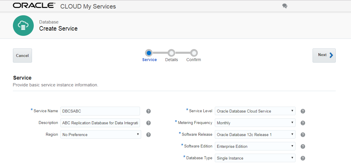 DBCS instance creation wizard - Service screen