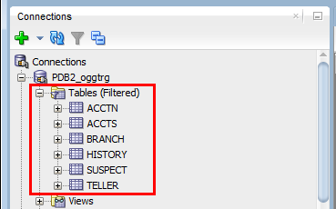 SQL Developer Tables node for PDB2_oggtrg