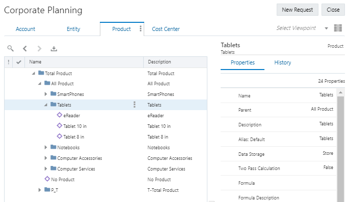 Enterprise Data Management Cloud Product viewpoint with hierarchy expanded and New Request button highlighted