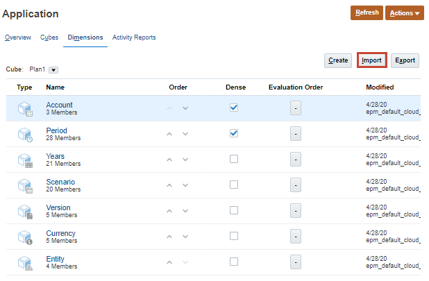 Planning Application Dimensions tab with Import highlighted
