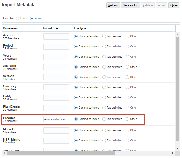 Planning Import Metadata dialog box with the Product dimension row highlighted
