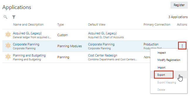 Enterprise Data Management Cloud applications action: export Corporate Planning