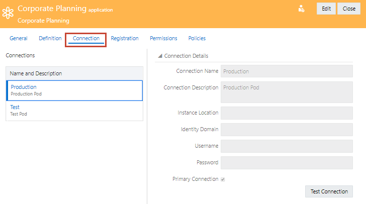 Enterprise Data Management Cloud Corporate Planning application inspector Connection tab