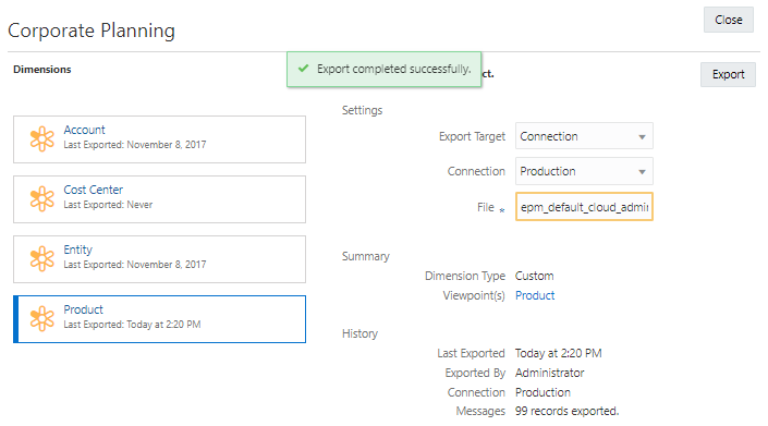 Enterprise Data Management Cloud export Product completed successfully