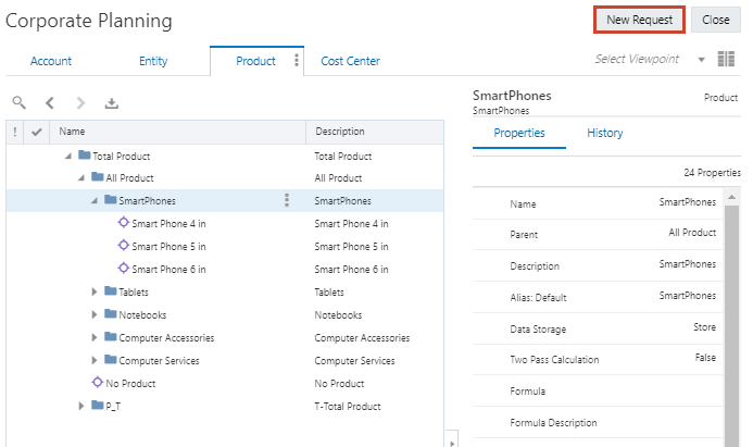 Enterprise Data Management Cloud Product viewpoint with hierarchy expanded and New Request button highlighted