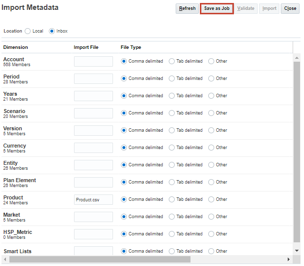 Planning Import Metadata dialog box with Save as Job highlighted