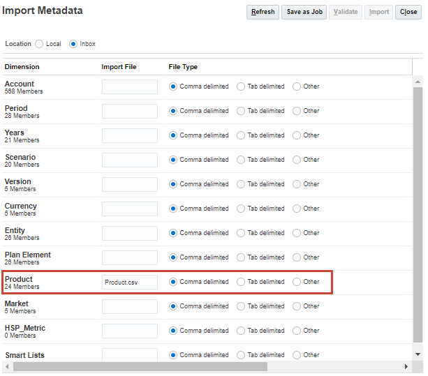 Planning Import Metadata dialog box with the Product dimension row highlighted