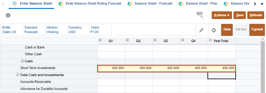 Direct Entry balance sheet data entry for Short Term Investments