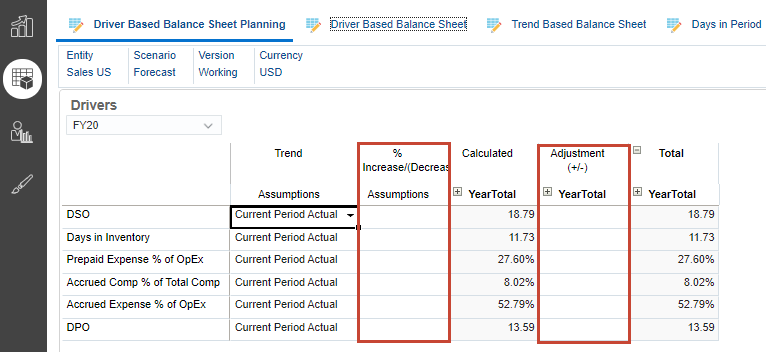 Driver-based balance sheet planning data entry columns