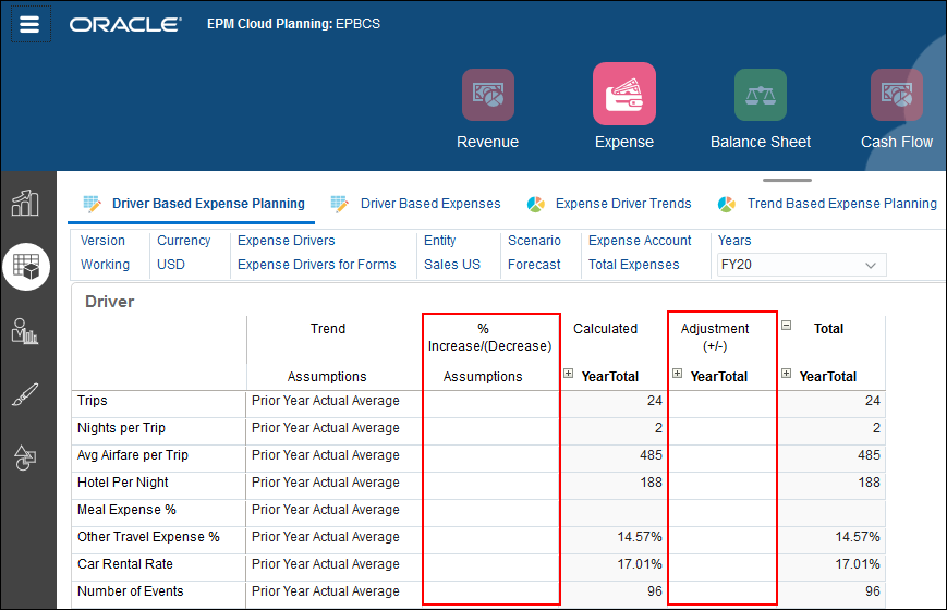 Driver-Based Expense Tab Selected