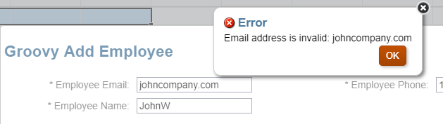 Invalid Employee Email Error Message