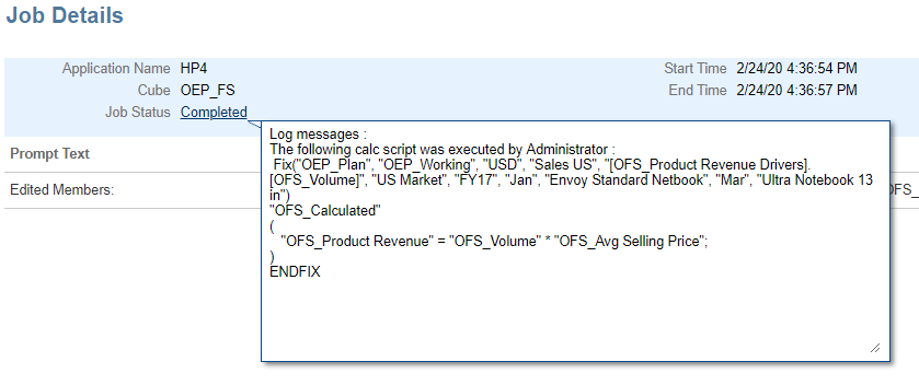 Log message for job.