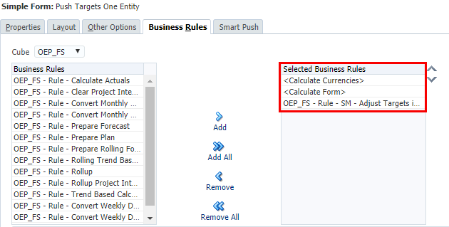 Business Rules Tab with Adjust Targets rule added