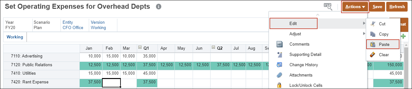Expense Form with Edit Paste Menu Open