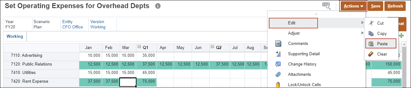 Expense Form with Edit Paste Menu Open