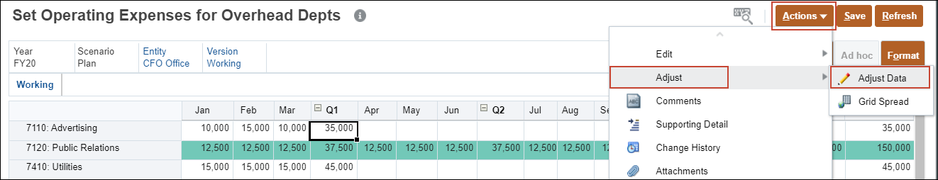Expense Form with Adjust Data Menu Displayed