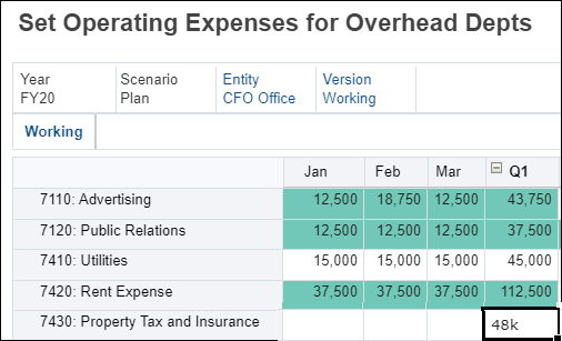 Expense page with Q1 Property Tax and Insurance Highlighted