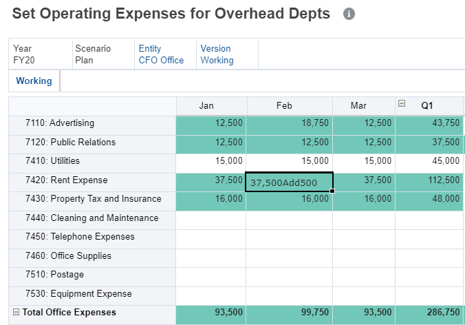 Expenses form with Feb Rent Expense Highlighted