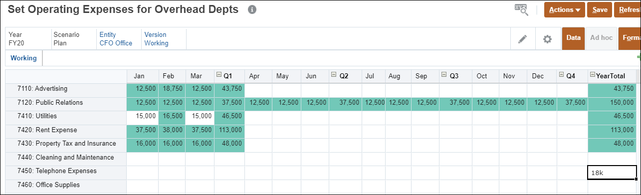 Expense form with Telephone Expenses YearTotal Highlighted