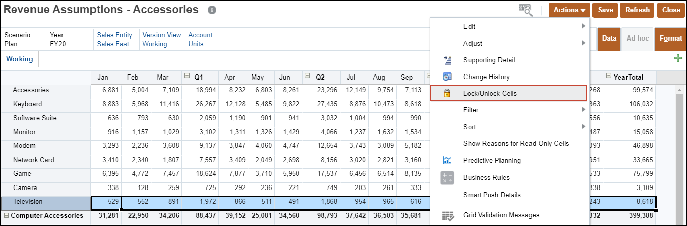 Revenue Assumptions Accessories form with Action menu open and Lock/Unlock highlighted