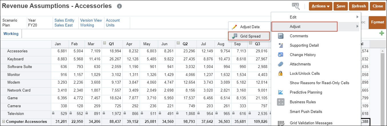 Revenue Assumptions form with Adjust Grid Spread Menu