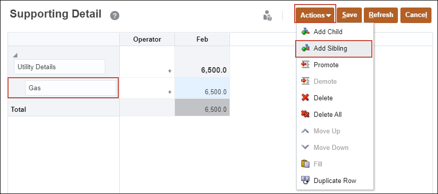 Supporting Detail with Add Sibling Option Displayed