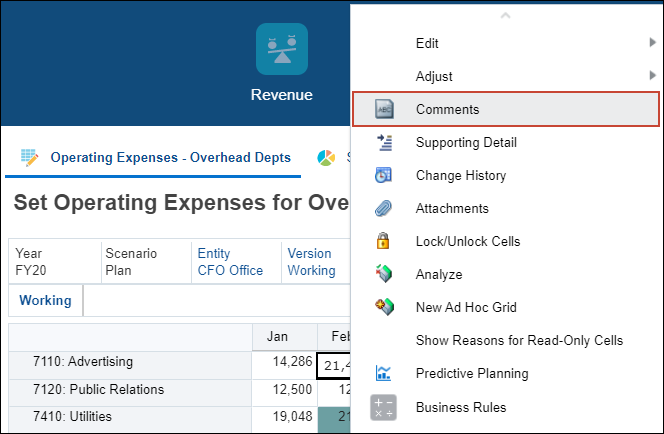 Expense form with Comments option on Menu Highlighted