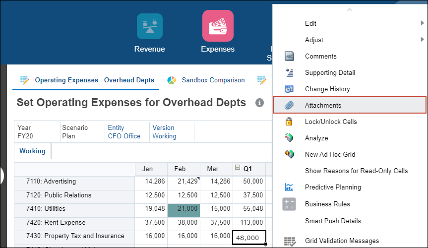 Expense form with Attachments Menu option highlighted