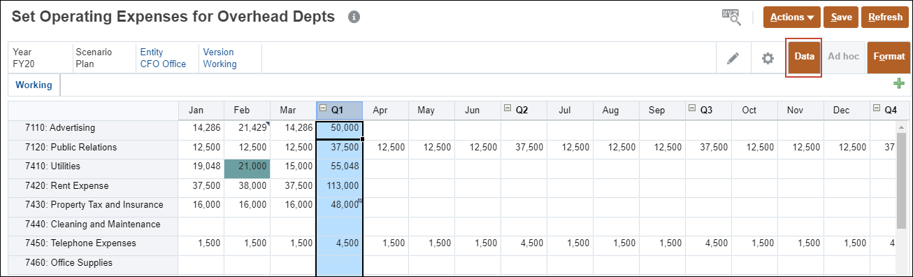 Expense form with Q1 Highlighted
