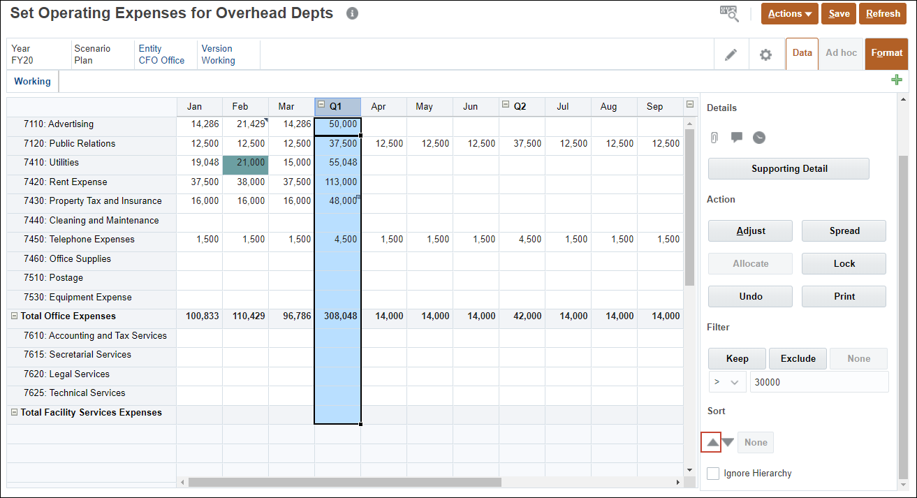 Expense form with Q1 selected and Sort Ascending Highlighted