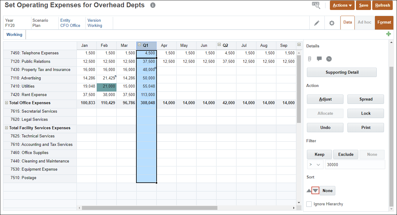 Expense form with Sort Descending Highlighted
