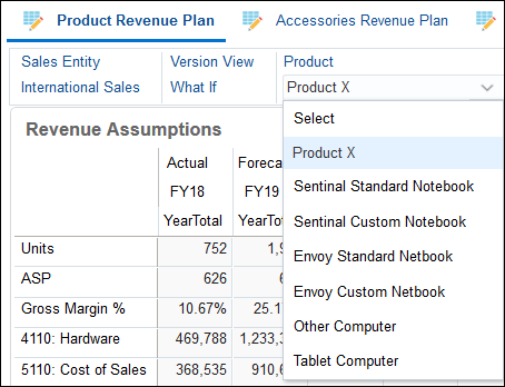 Product Revenue Plan page with Product drop down
