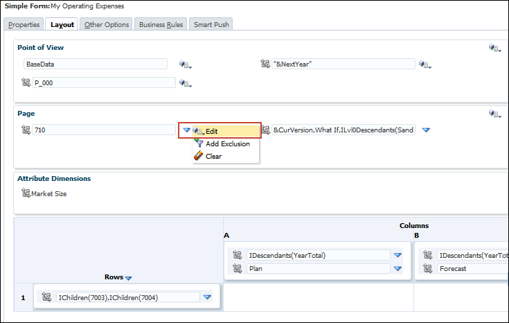 Layout Page Selecting an Entity