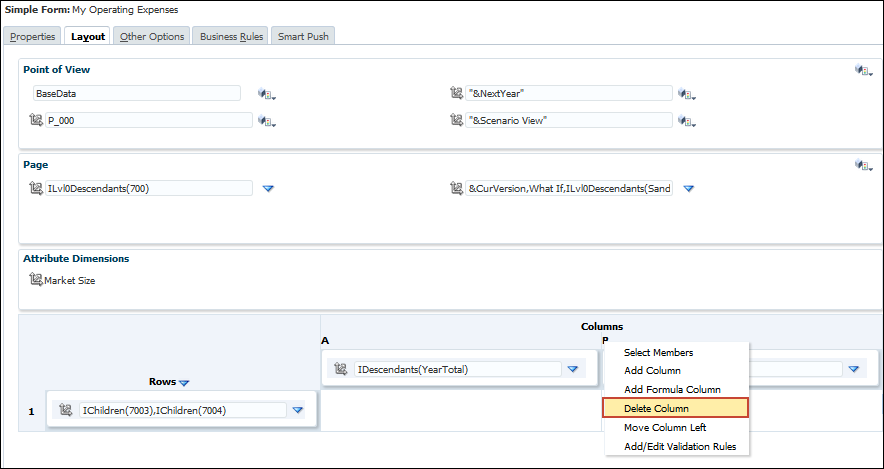 Layout Tab with Delete Column Highlighted