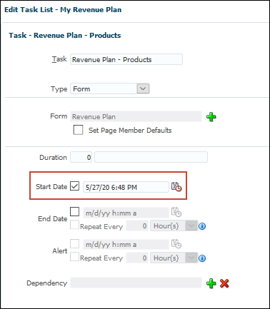 Edit Task with Start Date Highlighted