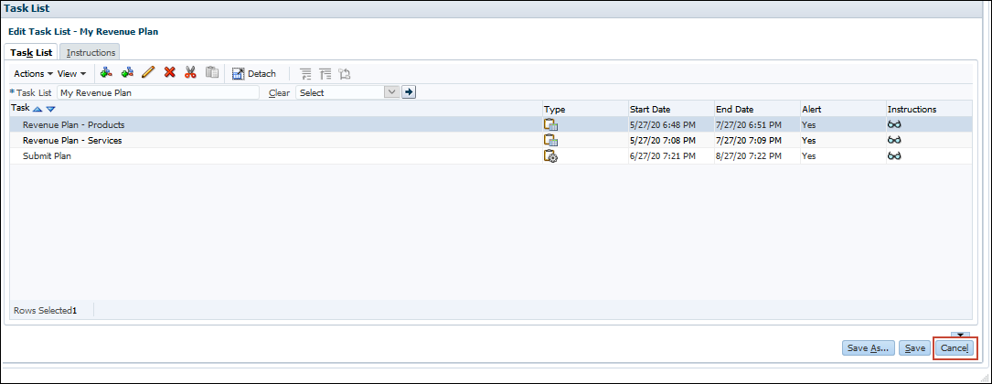 Edit Task List Dialog with Cancel Highlighted
