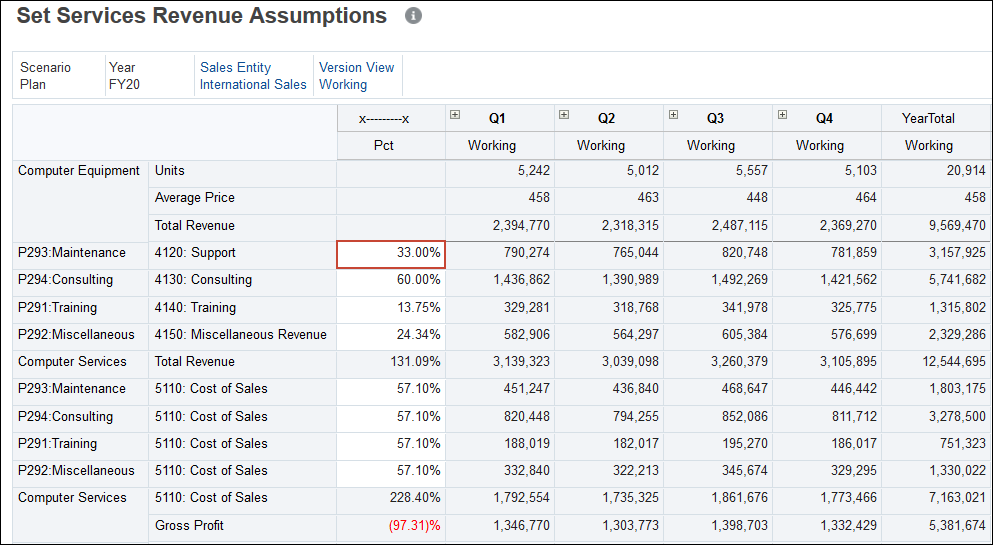 Set Services Revenue Assumptions with Support Highlighted
