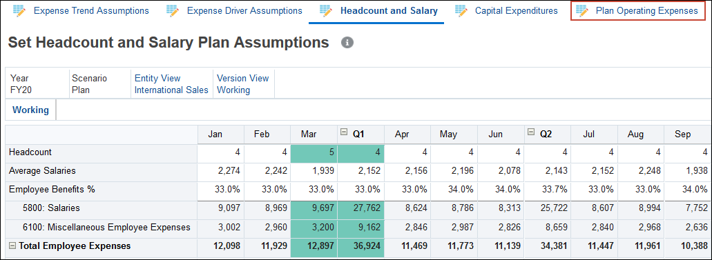Set Headcount and Salary Plan Assumptions with Plan Operating Expenses highlighted