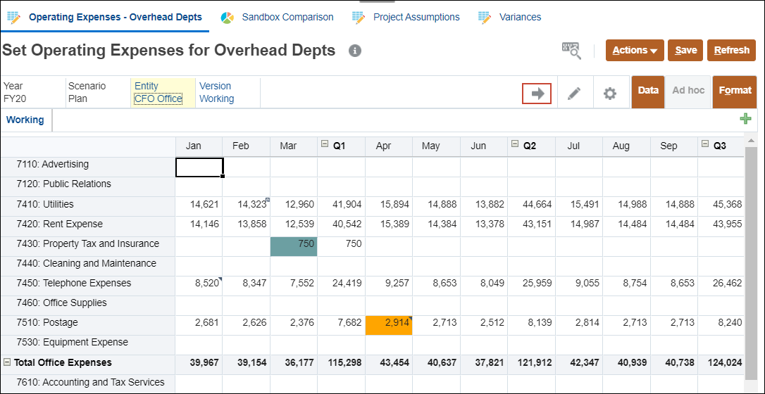 Set Operating Expenses for Overhead Depts after selection CFO Office