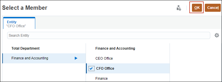 Select Member Dialog after Selecting CFO Office