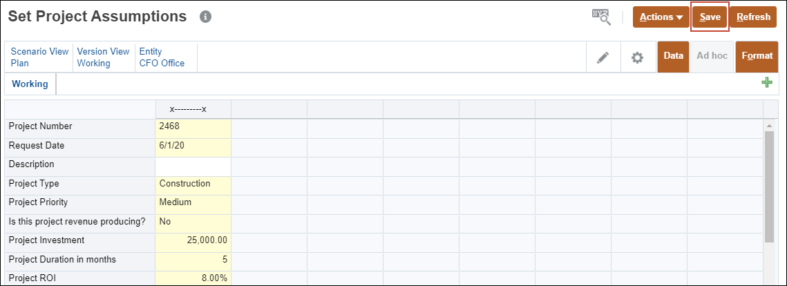 Project Assumptions Data Entered but not yet saved