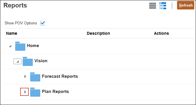 Reports page with Vision folder expanded