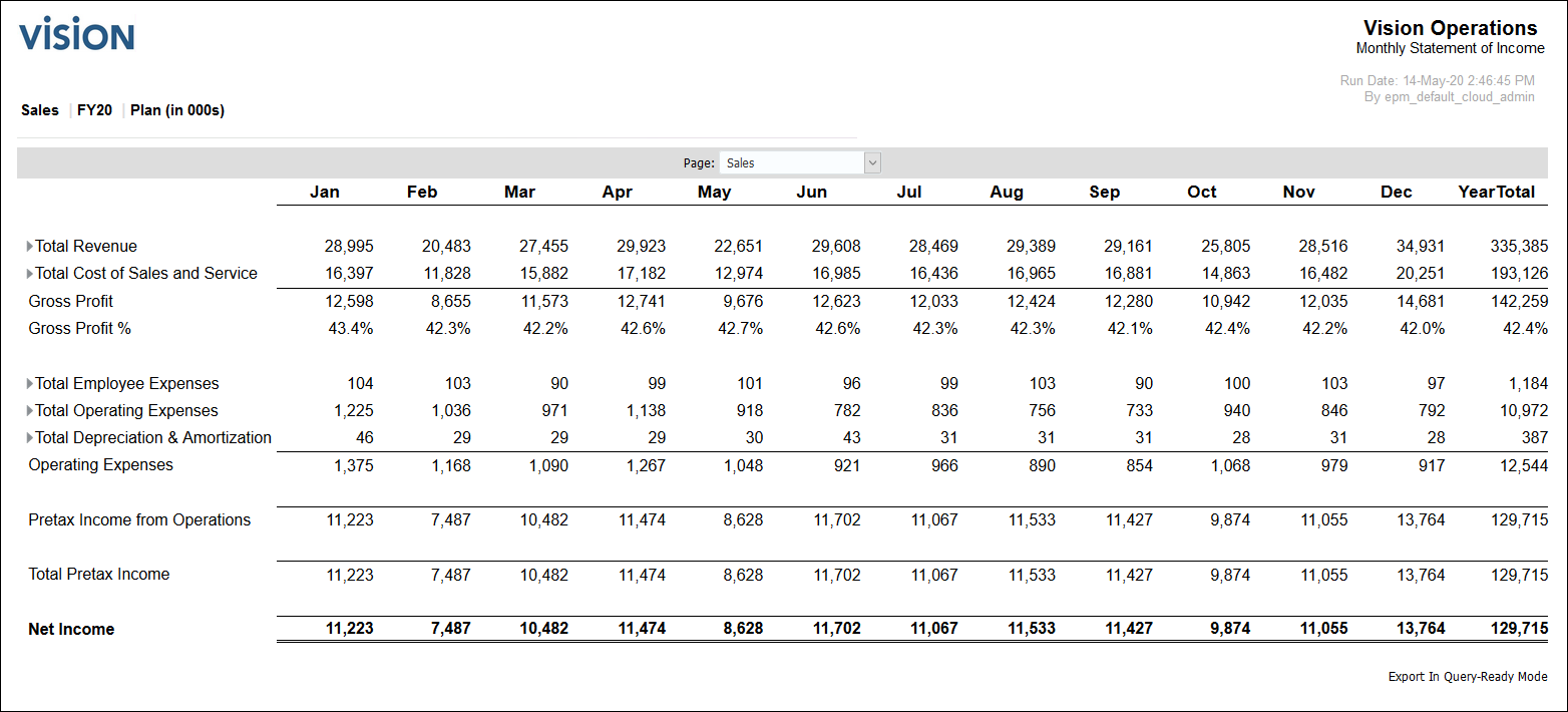 Monthly Income Statement for Sales