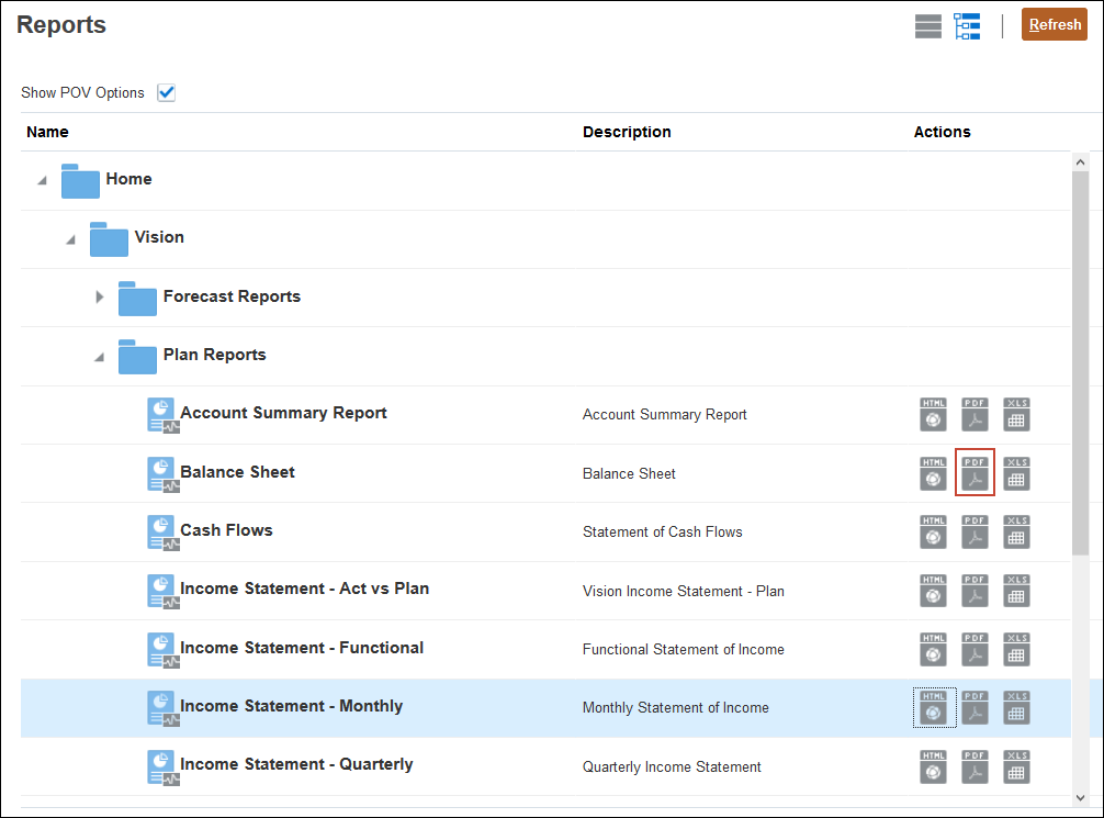 Reports page with Balance Sheet listed