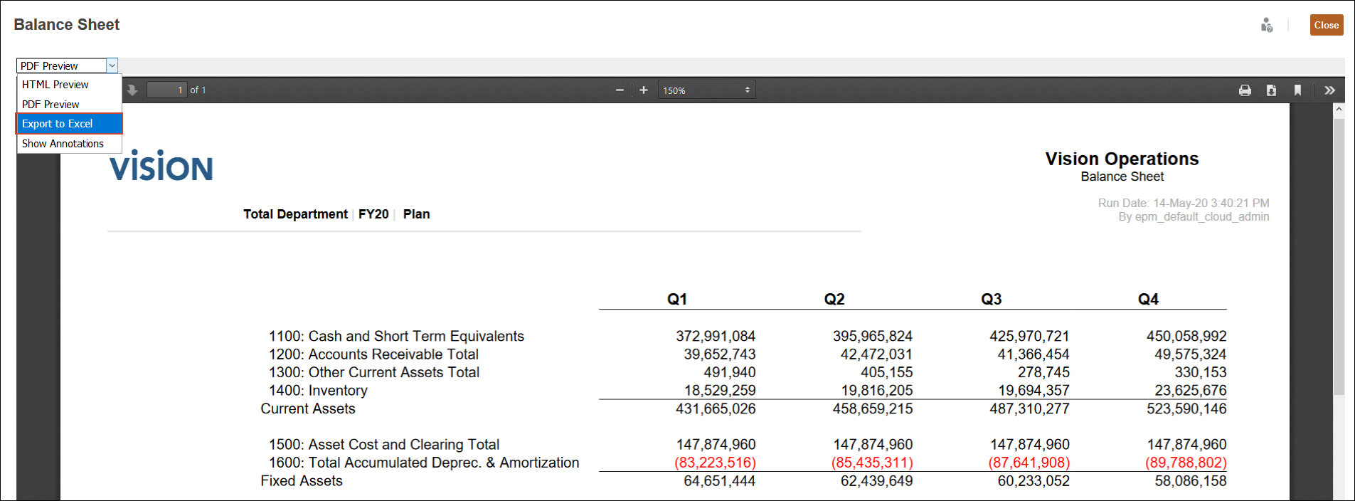 Balance Sheet with View drop down displayed