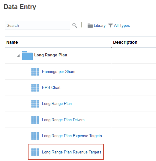 Data Page with Long Range Revenue Targets Highlighted