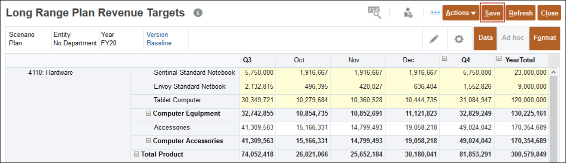 Target Data Entry with Save Highlighted