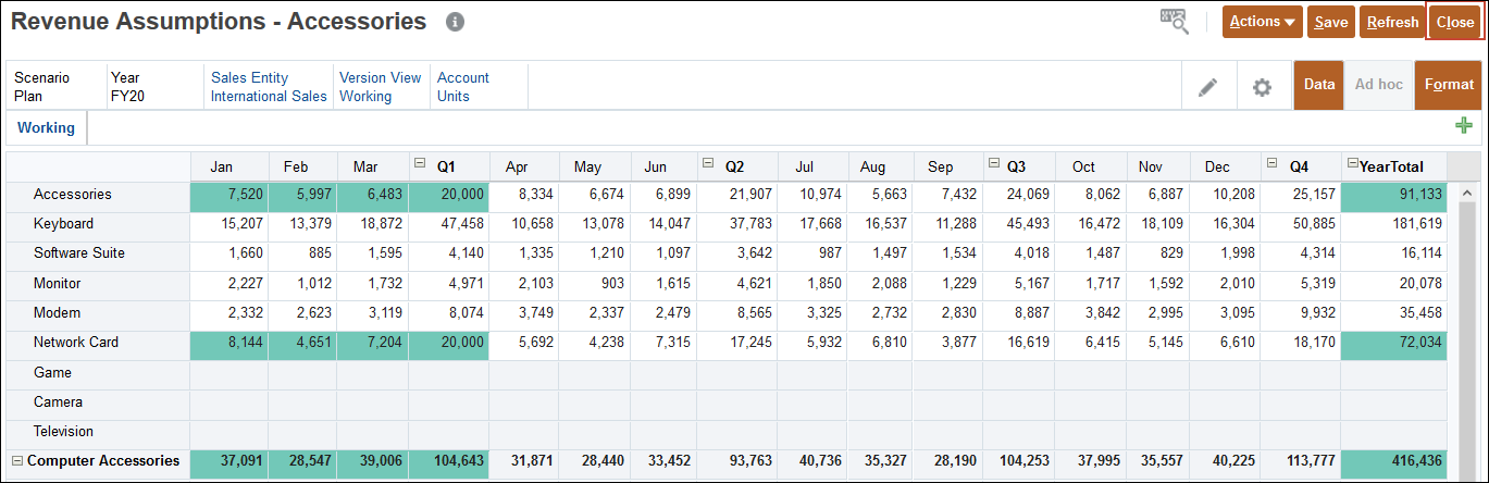 Revenue Assumptions Accessories Form with Close Highlighted